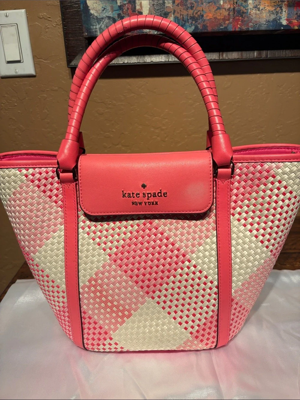 kate spade Cruise Gingham Pink and Cream Woven Tote /Crossbody EUC
